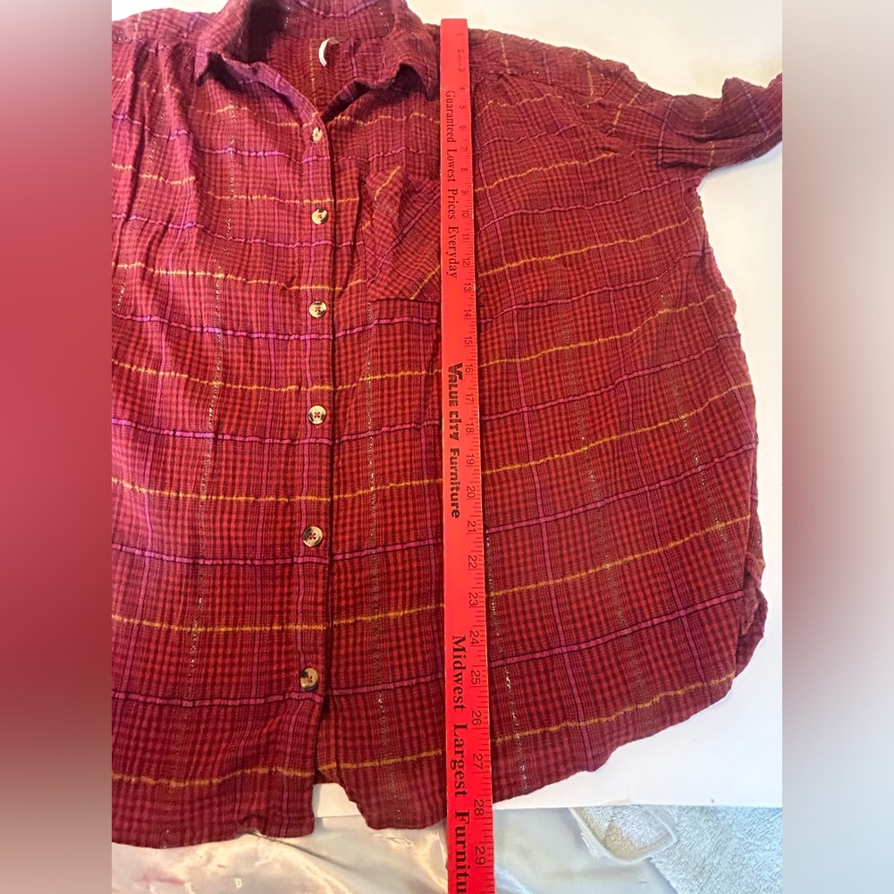 Free People Break My Stride Plaid Button Down Shirt, Red, Metallic Stripe Small - Picture 8 of 8